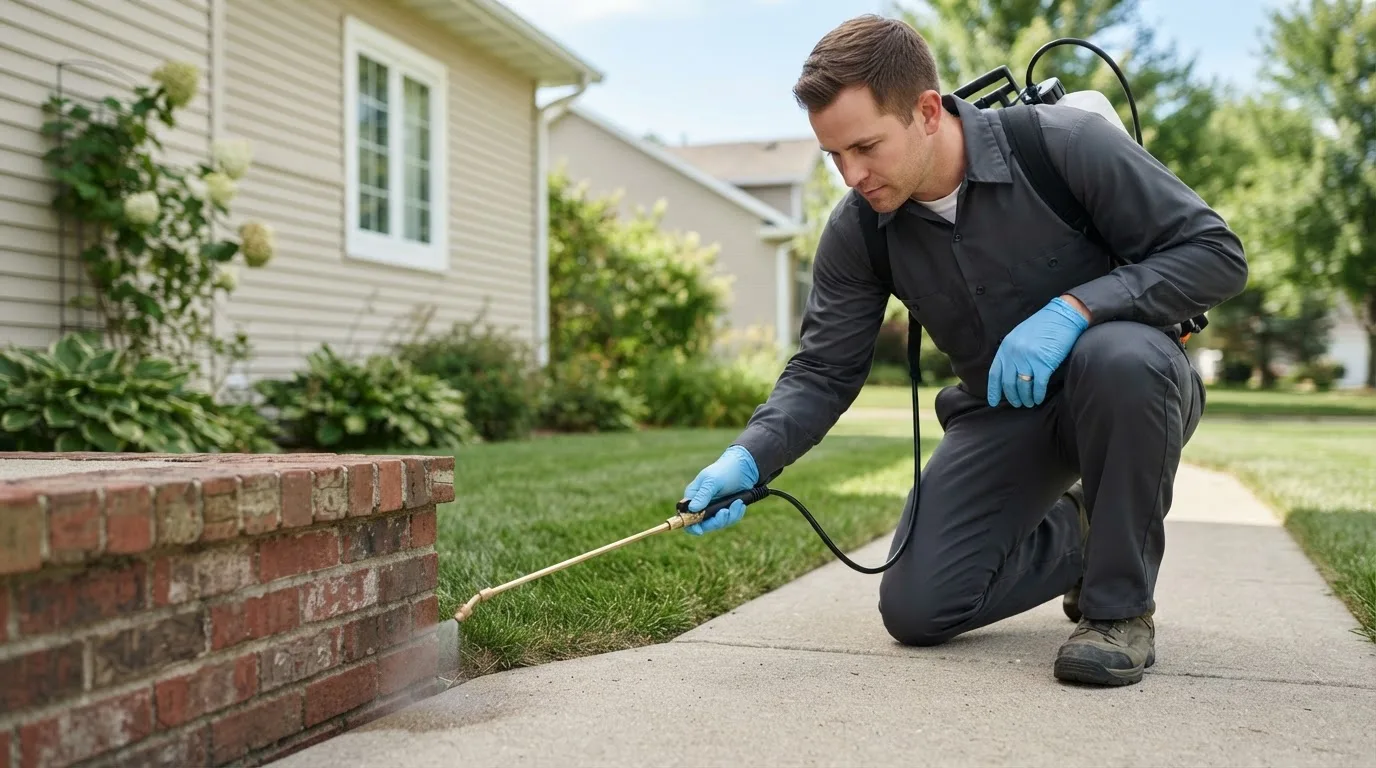 Pest control technician treating a home near Biola, CA